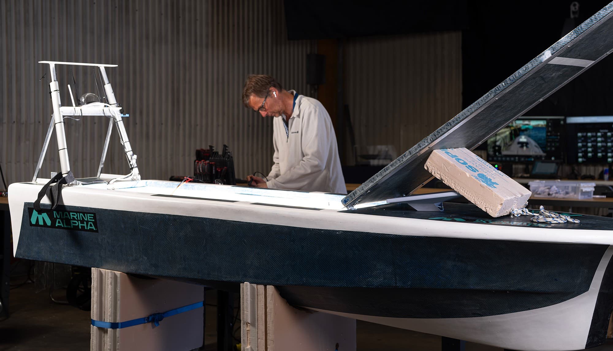 A Marine Alpha USV under assembly in the workshop